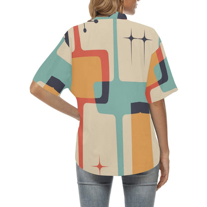 Mid Century Abstract, Geometric Retro Hawaiian Shirt for Women Clothes
