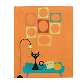 Mid Century Atomic Cat On Couch Geometric Design Orange THIN Velveteen Blanket All Over Prints