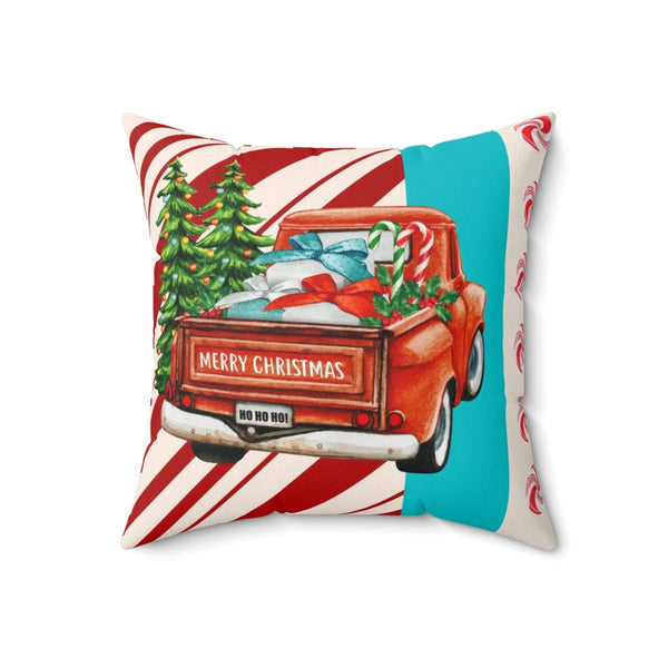 Mid Century Christmas, Old Timey Red Pick Up Truck, Merry Christmas, Candy Cane Stripe, Aqua Blue, Retro Holiday Gift Pillow And Insert