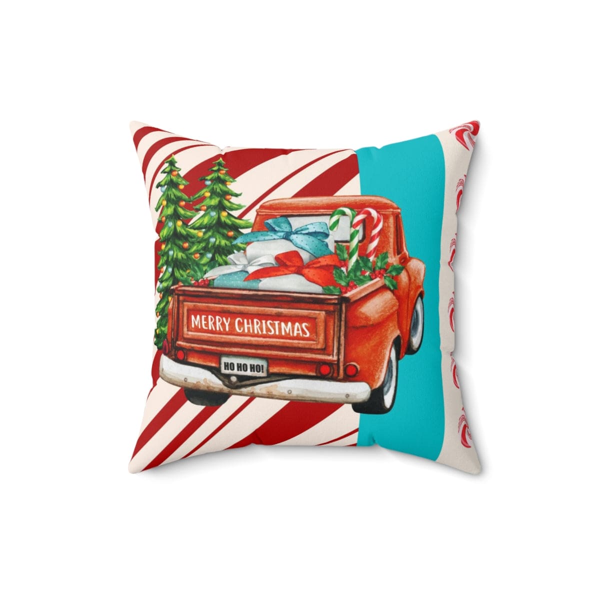 Mid Century Christmas, Old Timey Red Pick Up Truck, Merry Christmas, Candy Cane Stripe, Aqua Blue, Retro Holiday Gift Pillow And Insert Home Decor