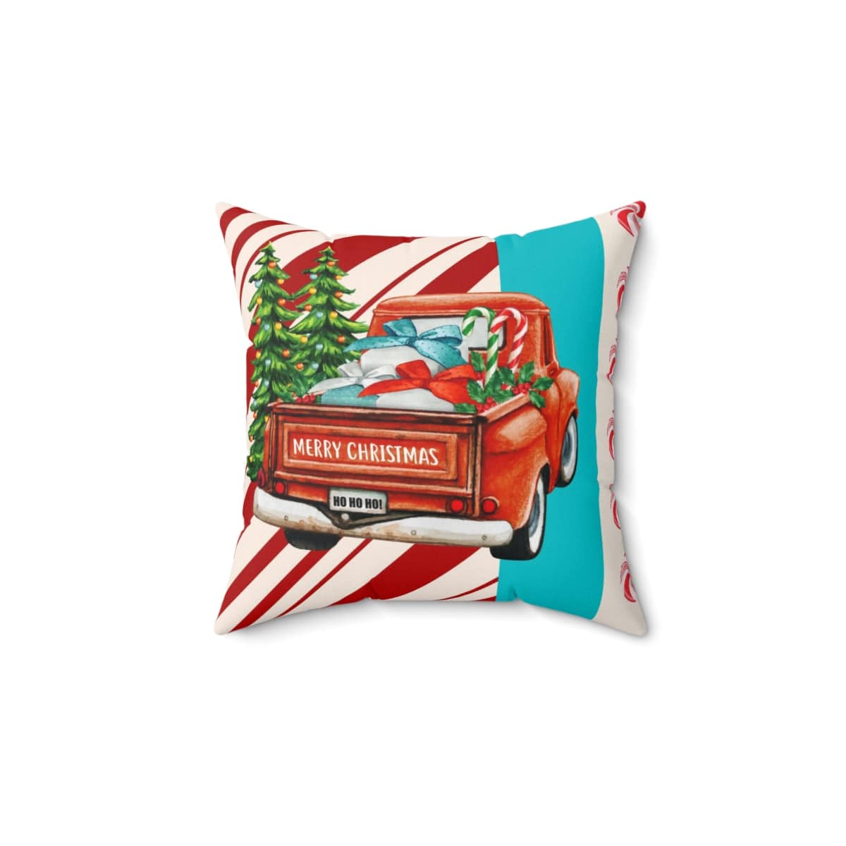 Mid Century Christmas, Old Timey Red Pick Up Truck, Merry Christmas, Candy Cane Stripe, Aqua Blue, Retro Holiday Gift Pillow And Insert Home Decor