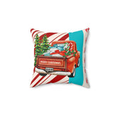 Mid Century Christmas, Old Timey Red Pick Up Truck, Merry Christmas, Candy Cane Stripe, Aqua Blue, Retro Holiday Gift Pillow And Insert Home Decor Mid Century Modern Gal