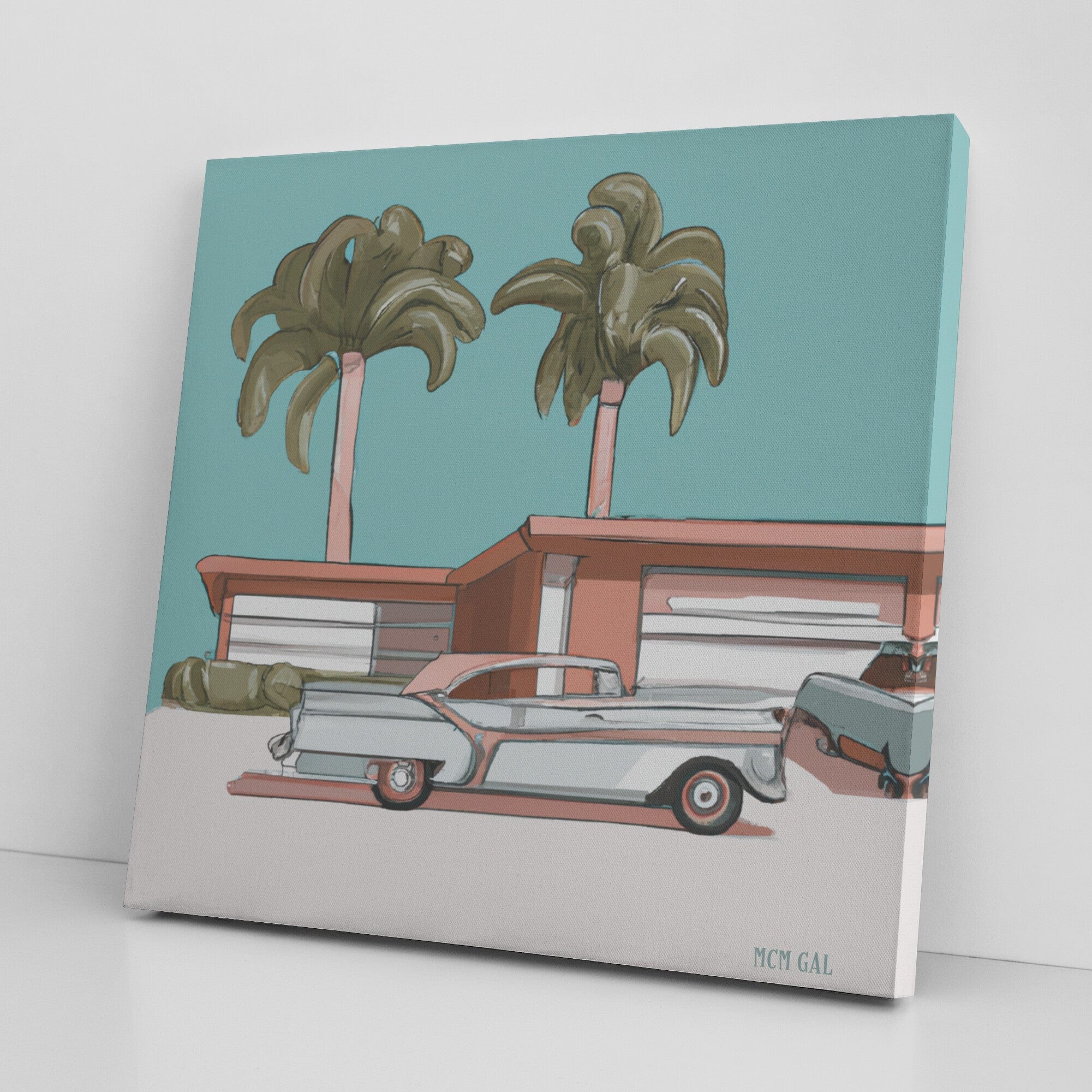 Mid Century Decor, Mod House, Classic Retro Car, Palm Spring California Canvas Wall Art Wall Art