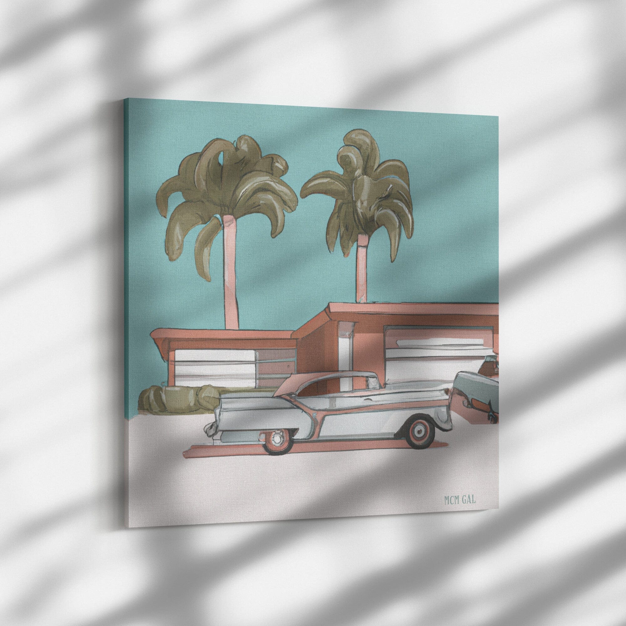 Mid Century Decor, Mod House, Classic Retro Car, Palm Spring California Canvas Wall Art Wall Art