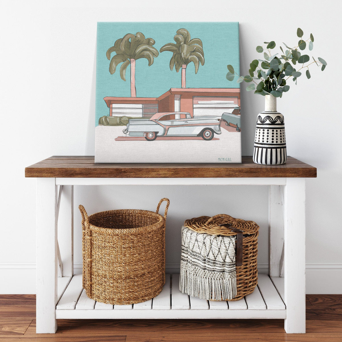 Mid Century Decor, Mod House, Classic Retro Car, Palm Spring California Canvas Wall Art Wall Art