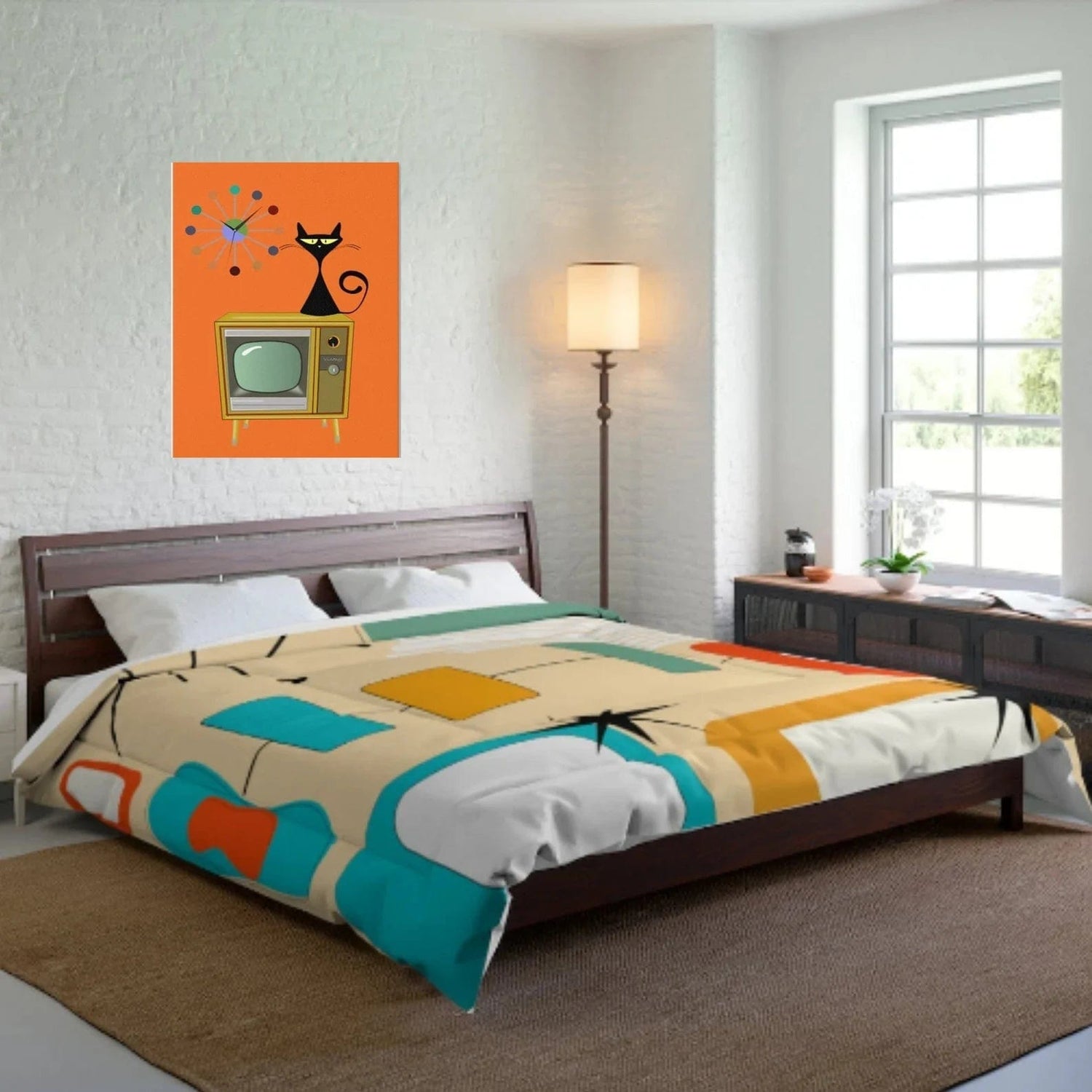 Mid Century Design Bedding, Beige, Aqua Blue, Yellow, Geometric Abstract Art, Mid Mod King Or Queen Comforter Home Decor