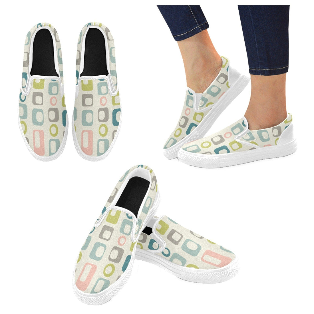 Mid Century Geometric, Aqua, Pink, Green Slip-on Canvas Retro Women&