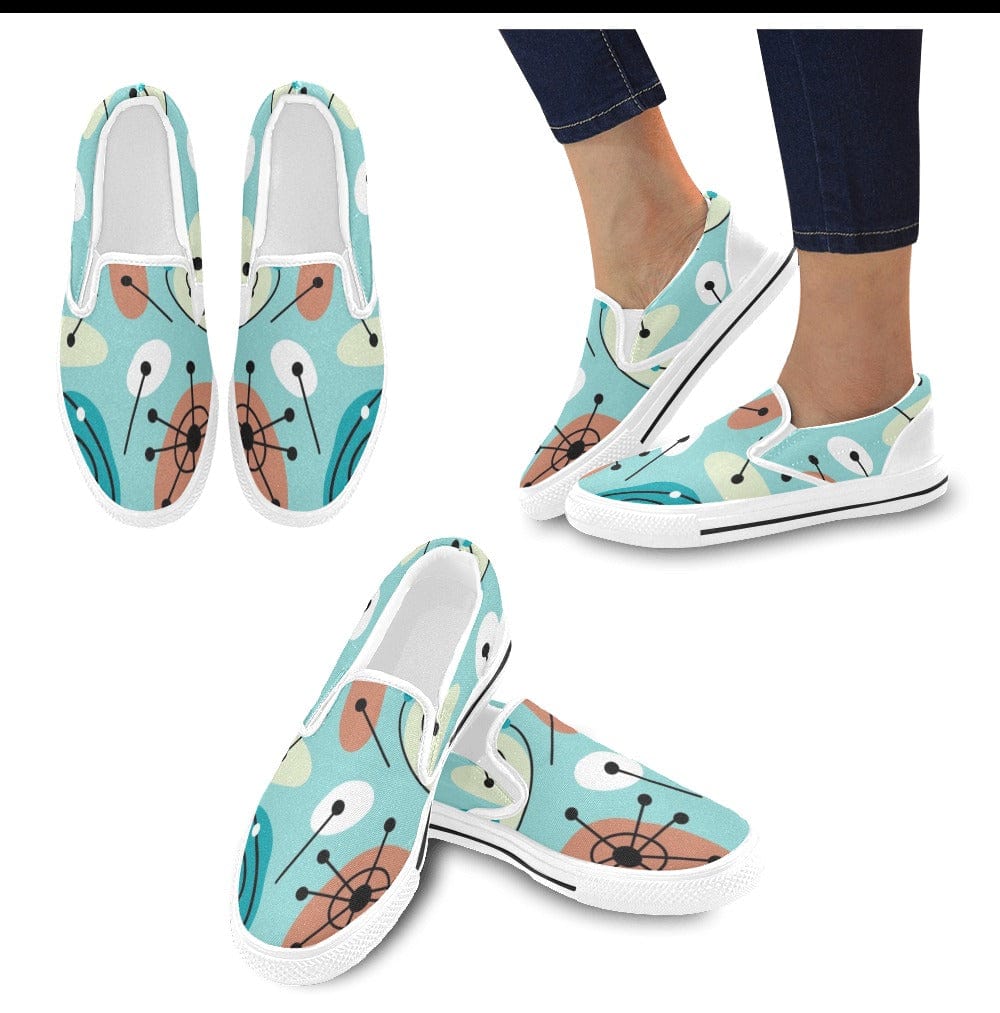 Mid Century Mod, Retro Atomic Aqua Blue, Cool Canvas Kicks Slip-Ons