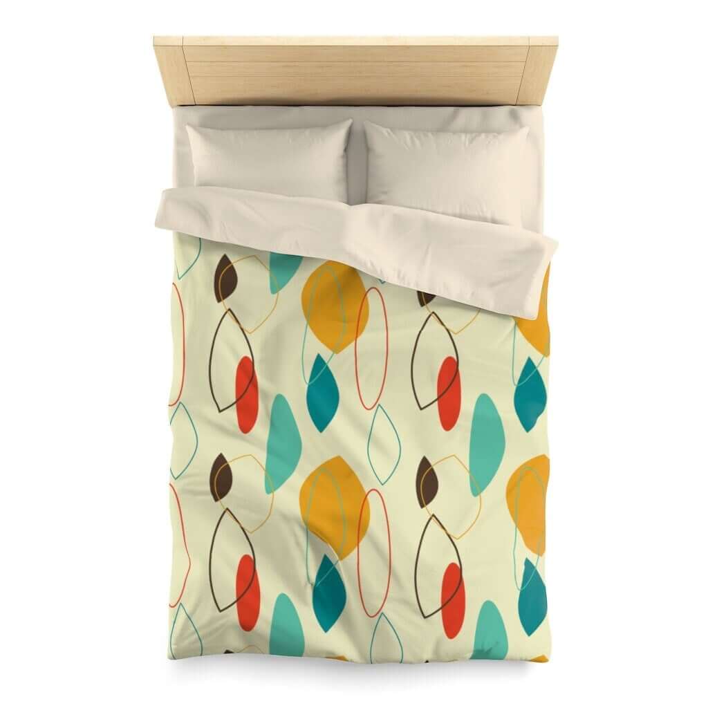 Mid Century Modern Abstract Retro Beige, Mustard Yellow, Turquoise Blue, Brown Microfiber Duvet Cover