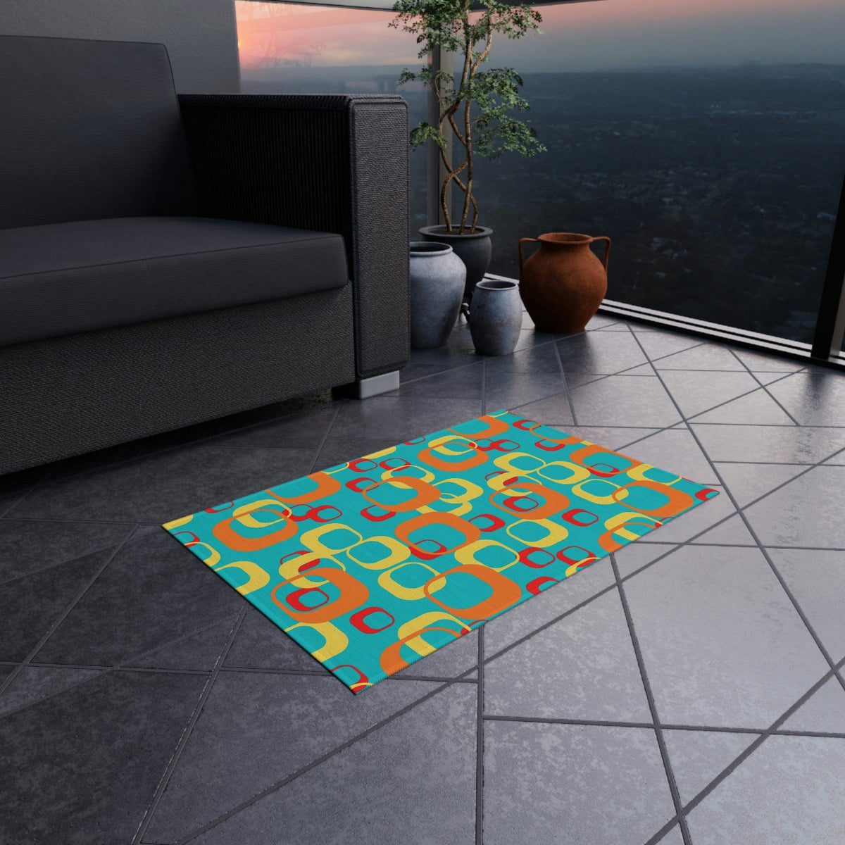 Mid Century Modern Aqua, Yellow, Red, Geometric, Retro Indoor, Outdoor Rug Home Decor