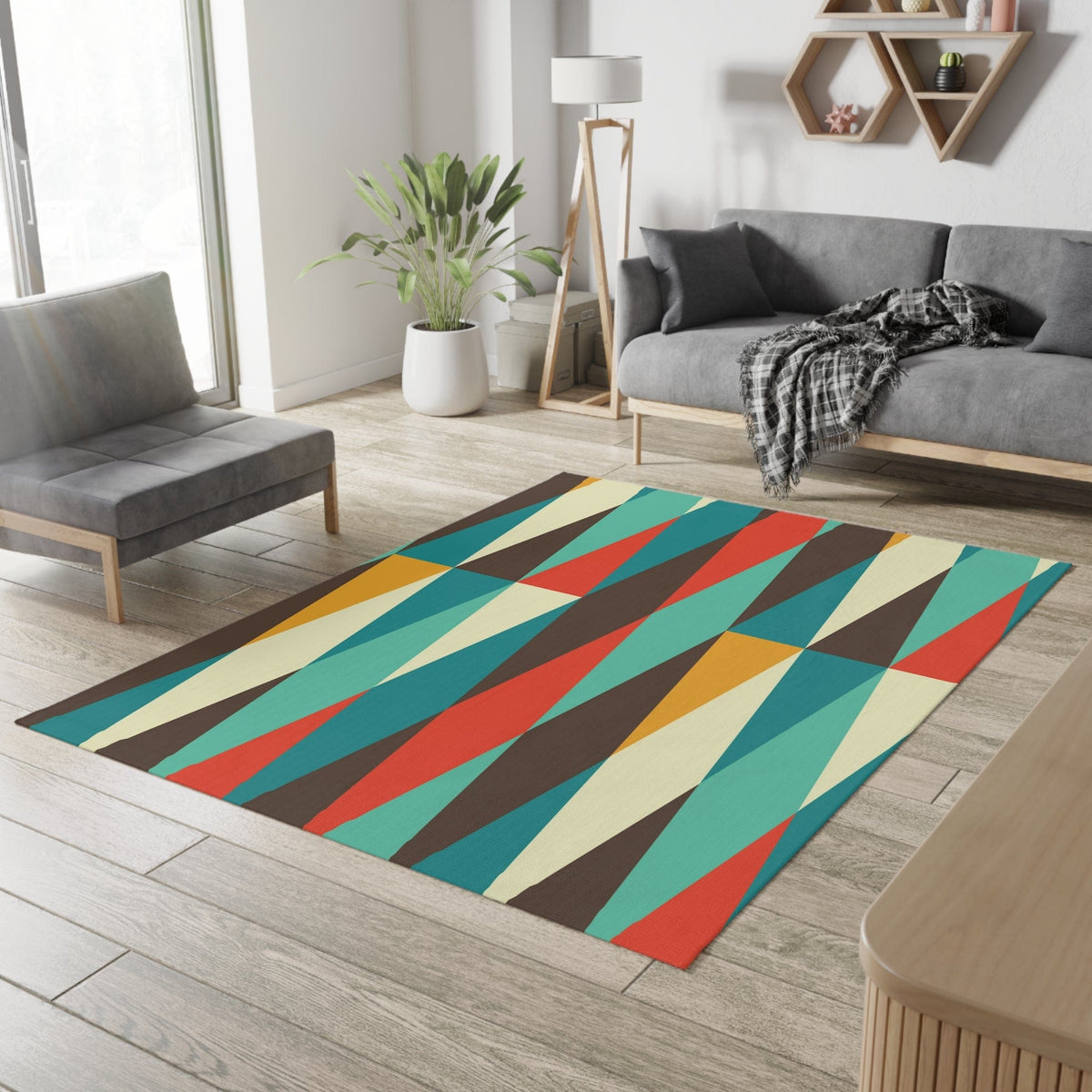 Mid Century Modern Area Rug Abstract Brown, Teal, Burnt Orange, Mustard Yellow Retro MCM Home Decor Home Decor