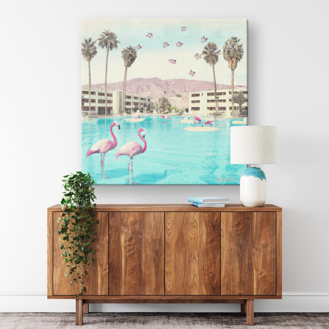 Mid Century Modern Art, Pink Flamingos, Palm Springs California Desert, Retro Wall Art Wall Art