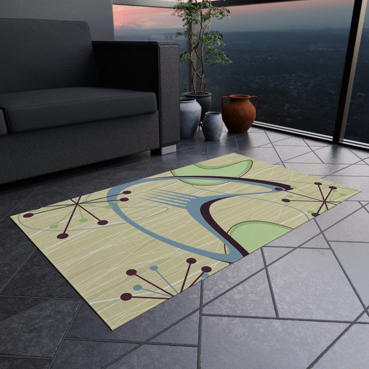 Mid Century Modern Atomic Boomerang, Green, Blue, Starburst, Retro Indoor, Outdoor Rug Home Decor