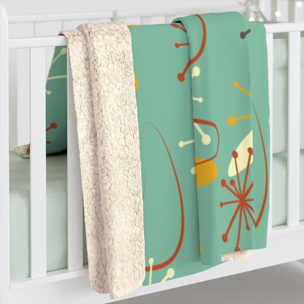 Mid Century Modern Atomic Boomerang Retro Blanket, Mint Green, Rust, Cream Cozy Sherpa Fleece Home Decor
