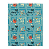 Mid Century Modern Atomic Cat, Denim Blue, Geometric, Abstract THIN Velveteen Plush Blanket All Over Prints