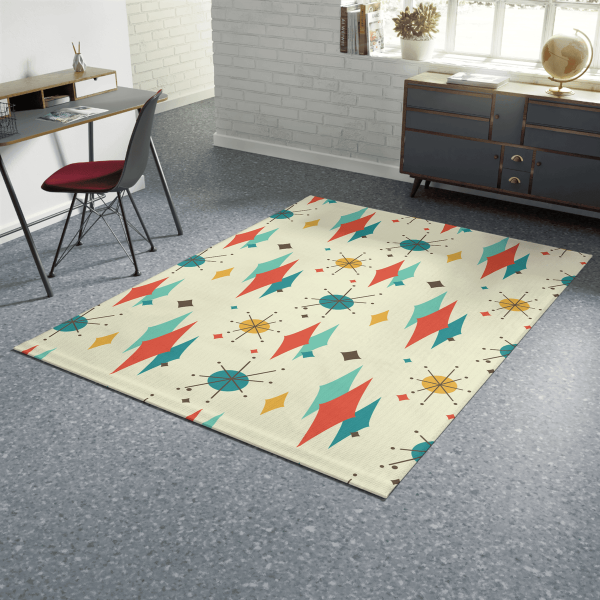 Mid Century Modern Atomic Franciscan Retro MCM Mid Mod, Creamy Beige, Teal, Aqua, Mustard Yellow Area Rug Home Decor