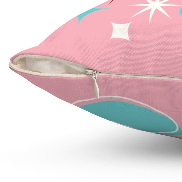 Mid Century Modern Atomic Pink, Boomerang, Aqua Blue, White, Starburst MCM Mid Mod Spun Polyester Square Pillow