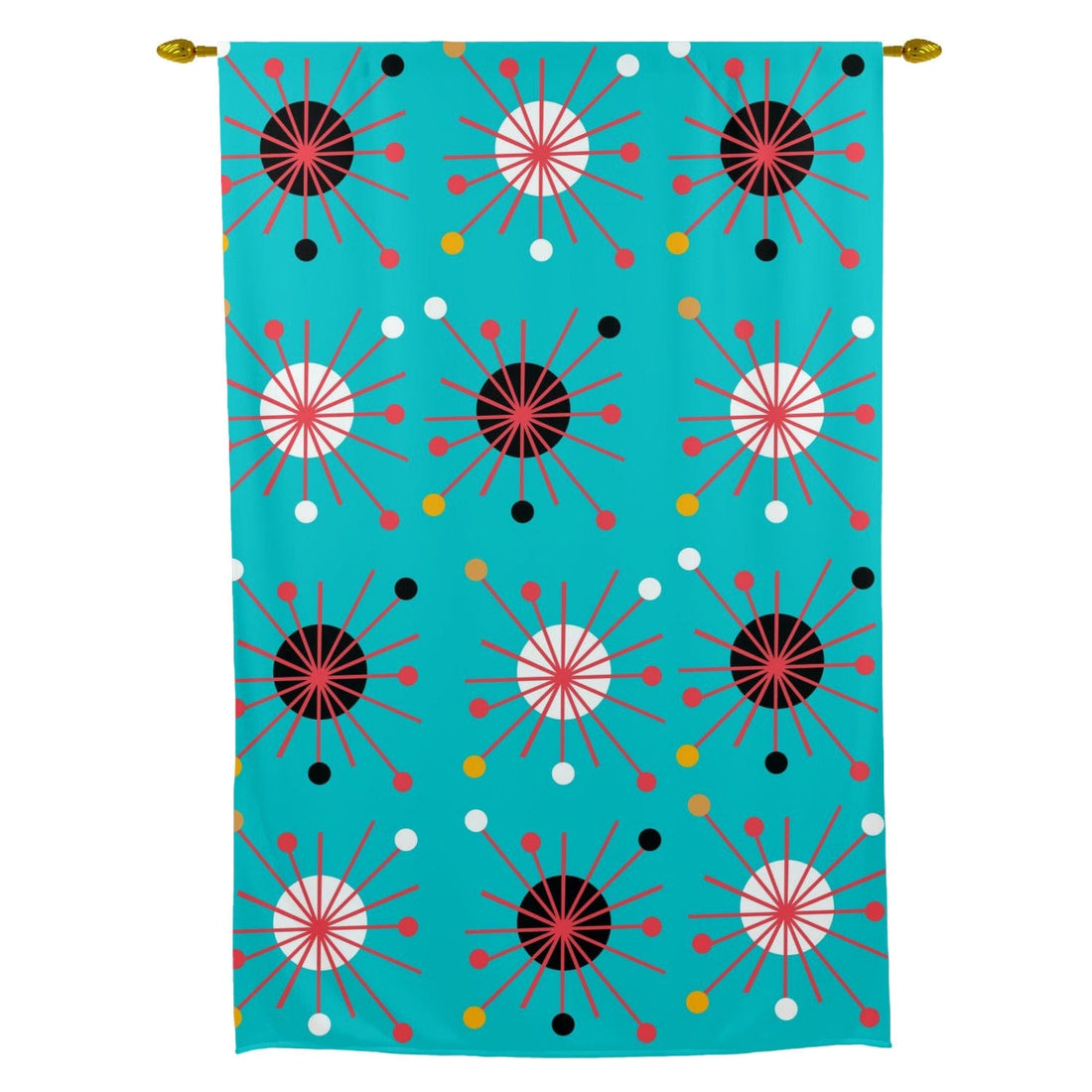 Mid Century Modern Atomic Starburst, Aqua Blue, White, Black, Red, Retro Tie Up Curtain Curtains