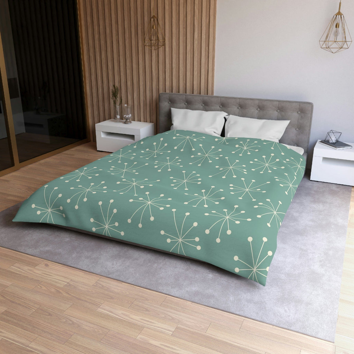 Mid Century Modern, Atomic Starburst, Cream Stars, Aqua Blue Green Microfiber Duvet Cover Home Decor