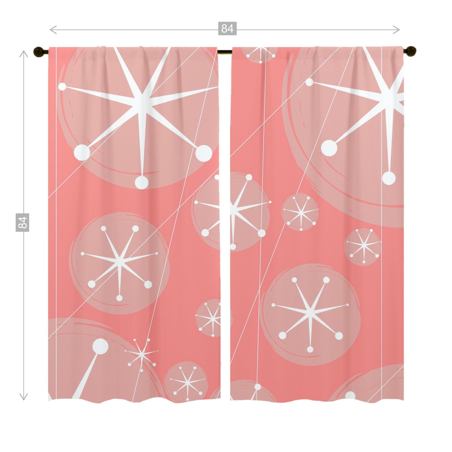 Mid Century Modern, Atomic Starburst, Retro Pink, White, MCM Window Curtains (two panels) Curtains