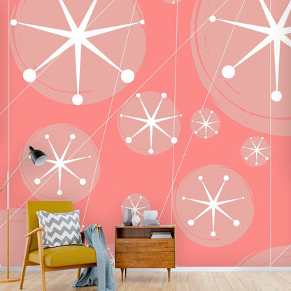 Mid Century Modern, Atomic Starburst, Retro Pink, White, Peel And Stick Wall Murals Wallpaper
