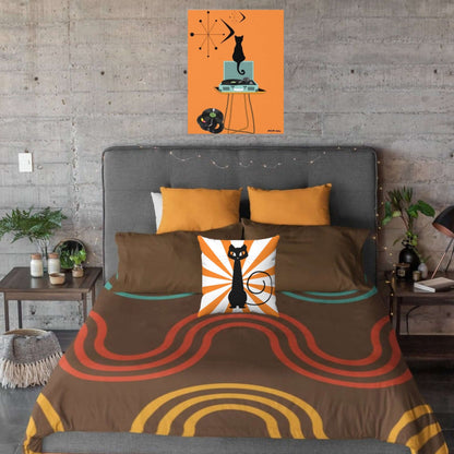 Mid Century Modern Bedding Microfiber Duvet Cover Chocolate Brown, Blue, Mustard Yellow Retro Boho Vibe