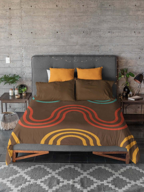 Mid Century Modern Bedding Microfiber Duvet Cover Chocolate Brown, Blue, Mustard Yellow Retro Boho Vibe