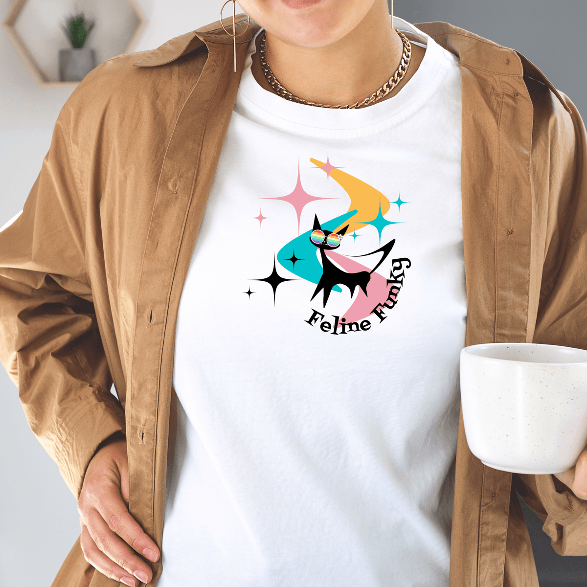 Mid Century Modern, Cat Mod, Black Cat Lover, Groovy, Funny Retro Tees, Feline Funky, MCM Boomerangs, Atomic Starburst Gifts For Her T-Shirt
