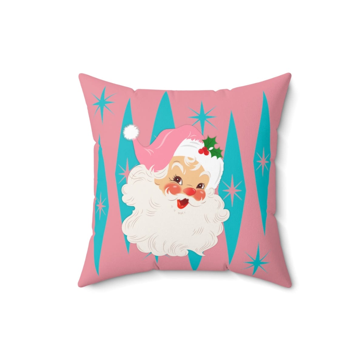 Mid Century Modern Christmas Smiling Vintage Santa, Pink, Aqua Blue Pillow And Insert Home Decor