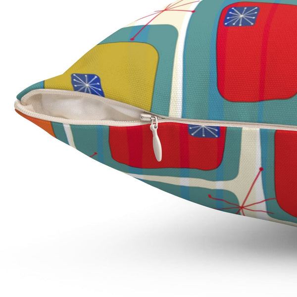 Mid Century Modern, Color Block, Tropical Hotel Vibes, Retro, Blue, Green, Orange, Mustard Yellow, Atomic 50's Pillow And Insert