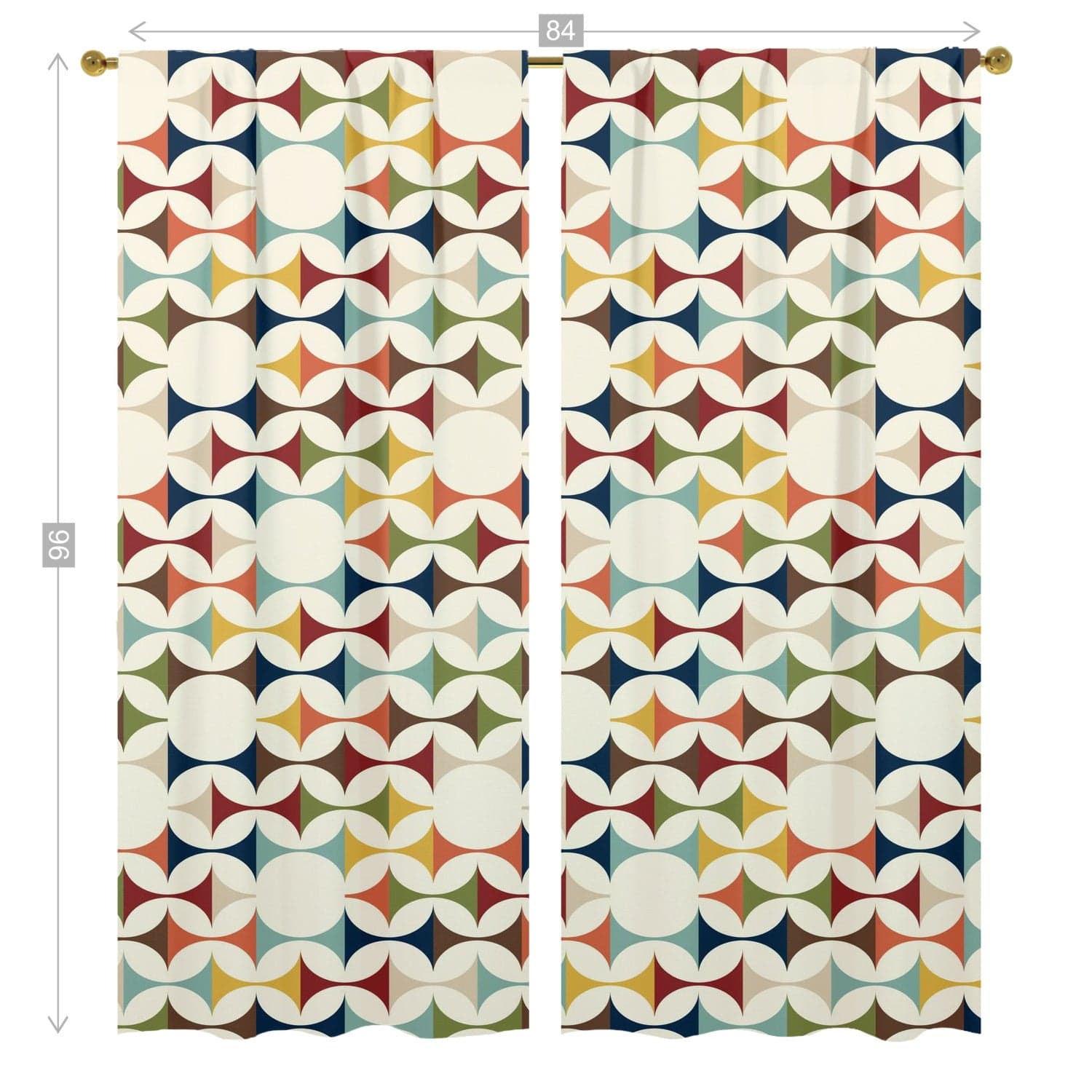 Mid Century Modern Curtains, Retro Scandinavian Modern Danish Geometric Design, Green, Brown, Beige, Yellow, Teal, Custom Length Window Curtains (two panels) Curtains