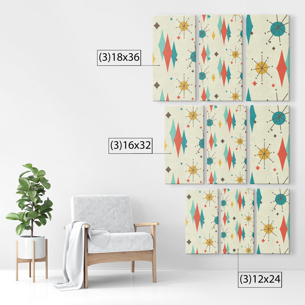 Mid Century Modern Franciscan Diamond Retro Three Piece Canvas Custom Art Wall Art