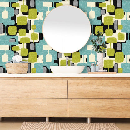 Mid Century Modern, Geometric, Aqua Blue, Lime Green, Black, Peel And Stick Wallpaper Panels Wallpaper