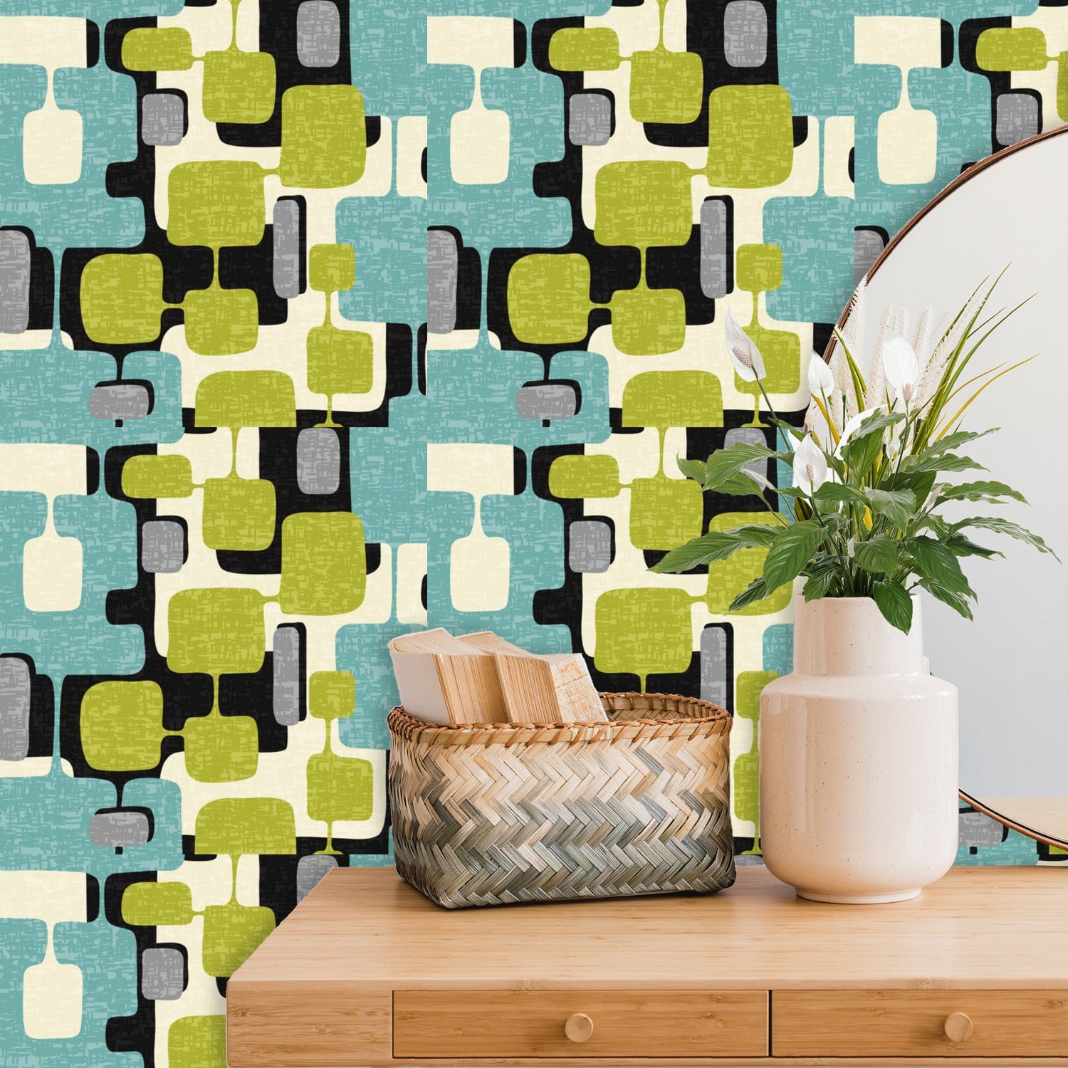 Mid Century Modern, Geometric, Aqua Blue, Lime Green, Black, Peel And Stick Wallpaper Panels Wallpaper
