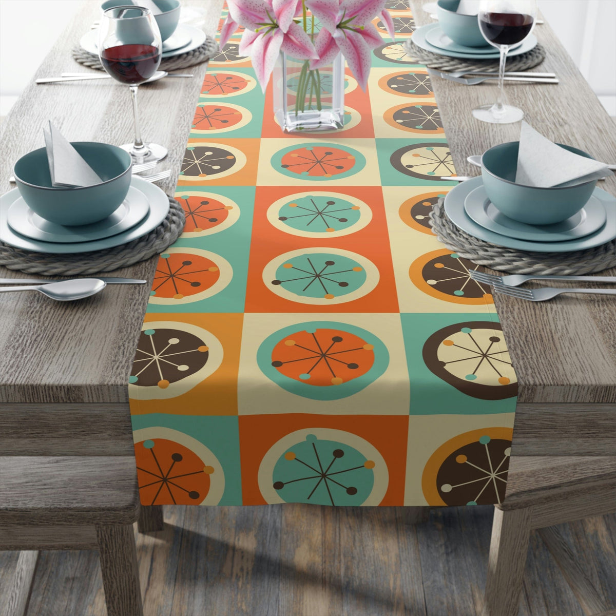 Mid Century Modern Geometric, Starburst, Orange, Brown, Aqua, Retro Table Runner Home Decor