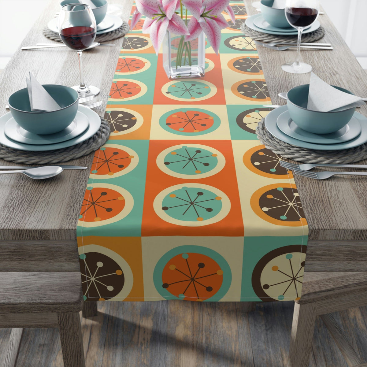 Mid Century Modern Geometric, Starburst, Orange, Brown, Aqua, Retro Table Runner Home Decor
