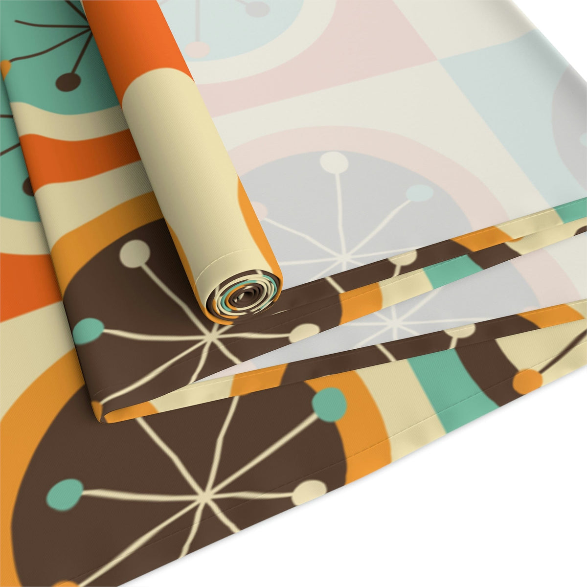 Mid Century Modern Geometric, Starburst, Orange, Brown, Aqua, Retro Table Runner Home Decor