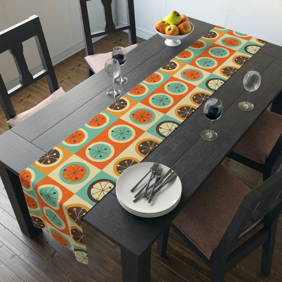 Mid Century Modern Geometric, Starburst, Orange, Brown, Aqua, Retro Table Runner Home Decor