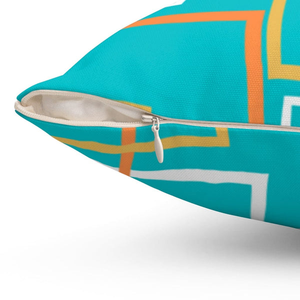 Mid Century Modern, Googie, Geometric, Aqua Blue, Orange, White, Yellow Atomic Age Living MCM Mid MOD Spun Polyester Square Pillow