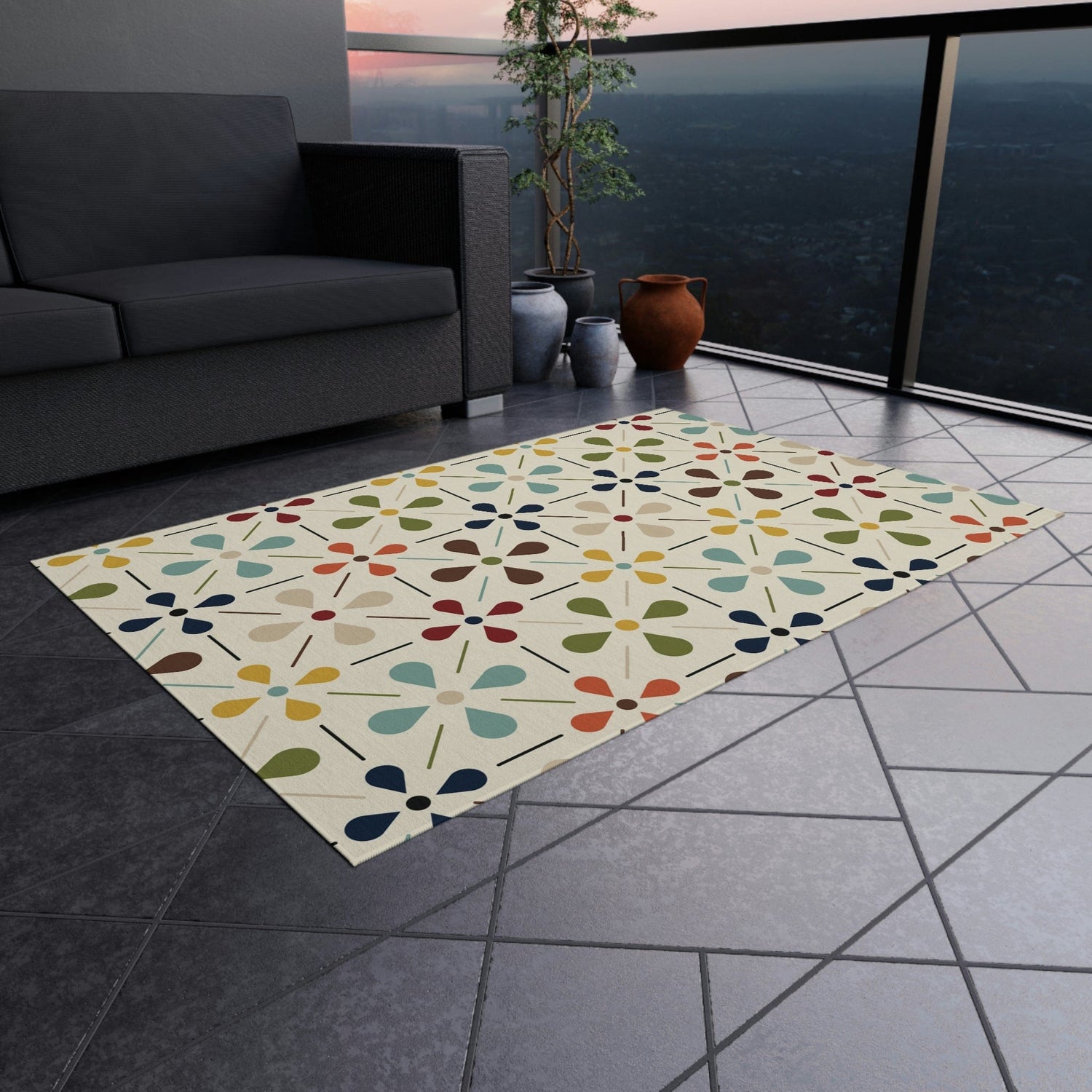 Mid Century Modern, Indoor/Outdoor, Scandinavian Flower, Retro, Orange, Brown, Green, Yellow, Aqua Blue, Outdoor Rug Home Decor