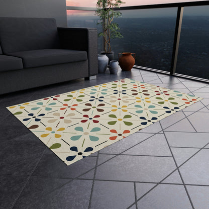 Mid Century Modern, Indoor/Outdoor, Scandinavian Flower, Retro, Orange, Brown, Green, Yellow, Aqua Blue, Outdoor Rug Home Decor