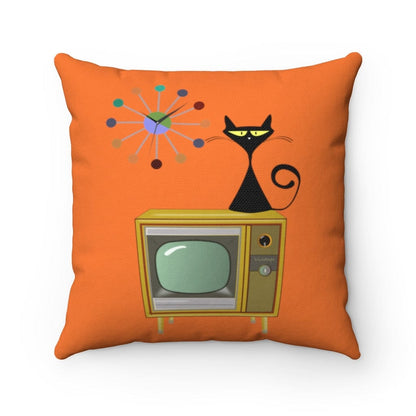Mid Century Modern Kitschy Atomic Cat, Retro TV, Orange Atomic Clock Mid Mod MCM Home Decor Throw Pillow Home Decor