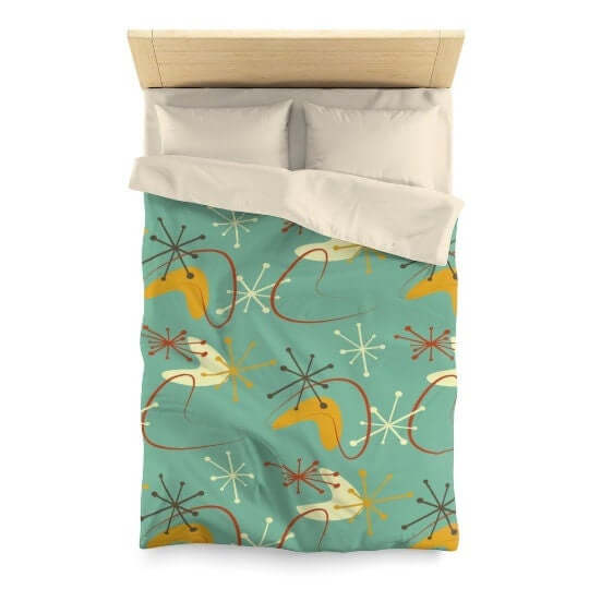Mid Century Modern Mint Blue Grass  Mustard yellow Retro Abstract MCM Home Decor Microfiber Duvet Cover Queen or Twin
