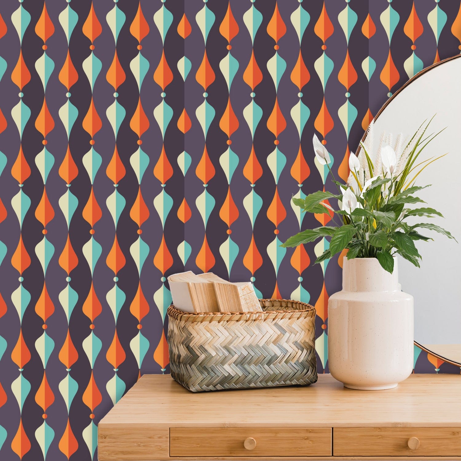 Mid Century Modern Peel And Stick Wallpaper Geometric Groovy Wave Lanterns, Eggplant Purple, Orange, Mustard Yellow, Teal, Retro Home Mod Decor Wallpaper