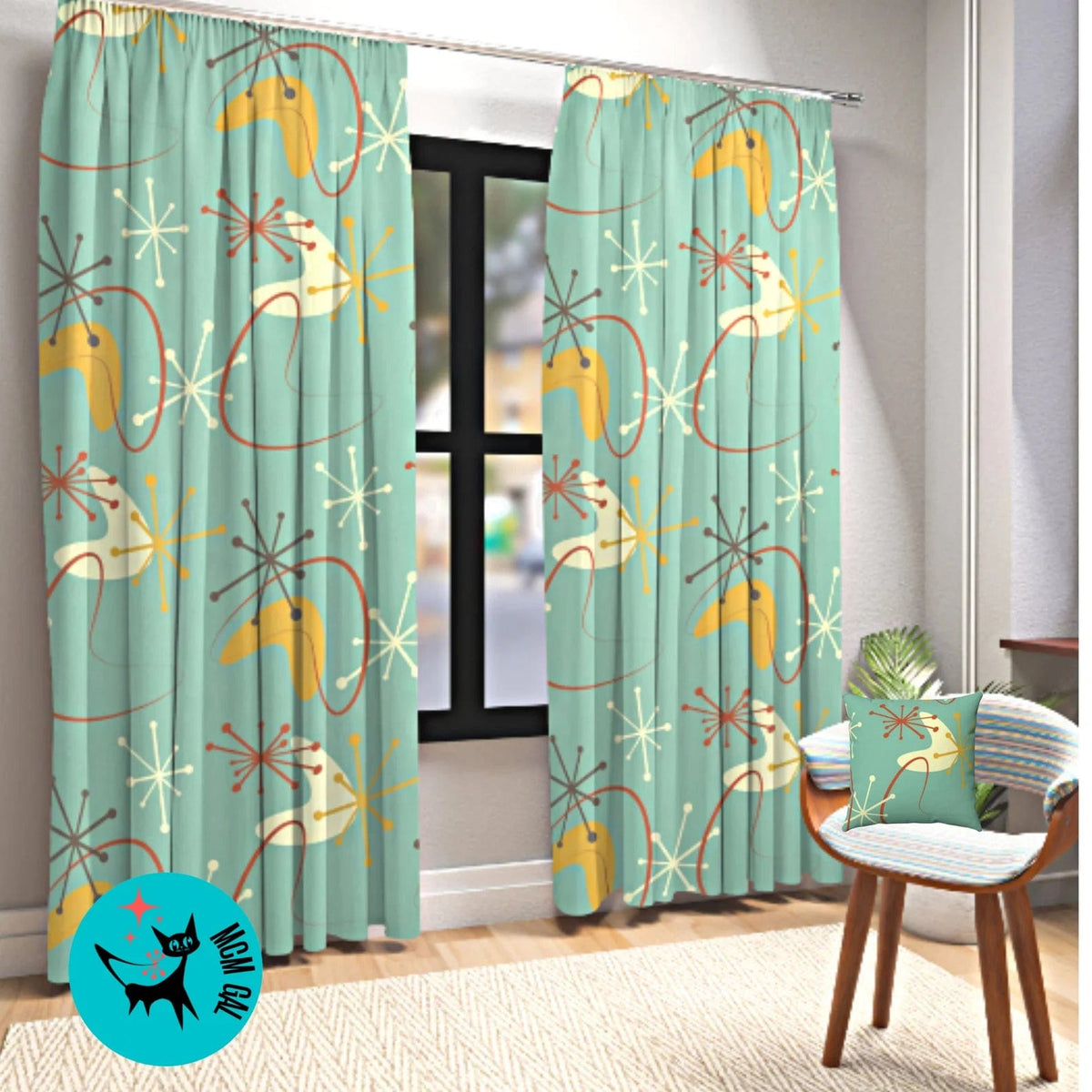 Mid Century Modern, Retro Atomic, Boomerang Green, Mid Mod Curtain Panels Sheer Or Blackout