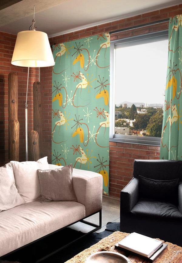 Mid Century Modern, Retro Atomic, Boomerang Green, Mid Mod Curtain Panels Sheer Or Blackout