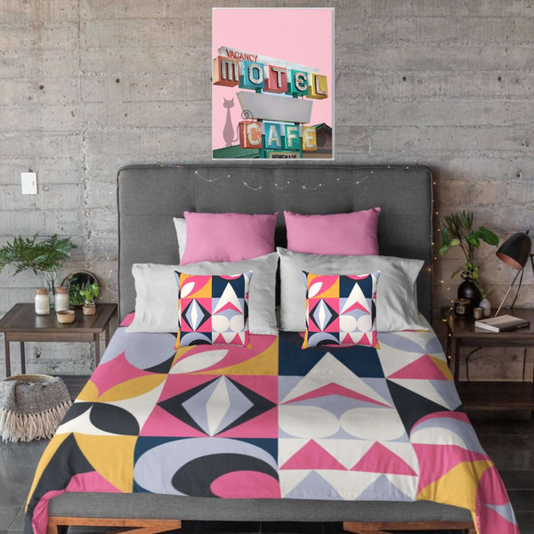 Mid Century Modern Retro Bubble Gum Pink Royal Blue and Ice Gray Microfiber Duvet Cover