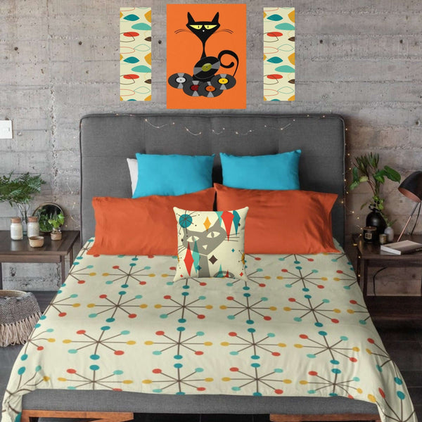 Mid Century Modern Retro Clock Cream Teal Mustard and Burnt Orange Microfiber Duvet Cover