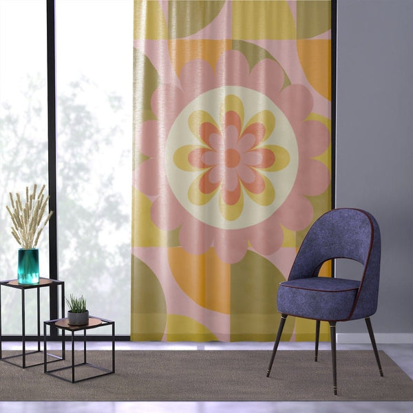 Mid Century Modern, Retro Curtains, 1970's Groovy, Green, Pink, Geometric Flower Power, Hippie Window Curtains