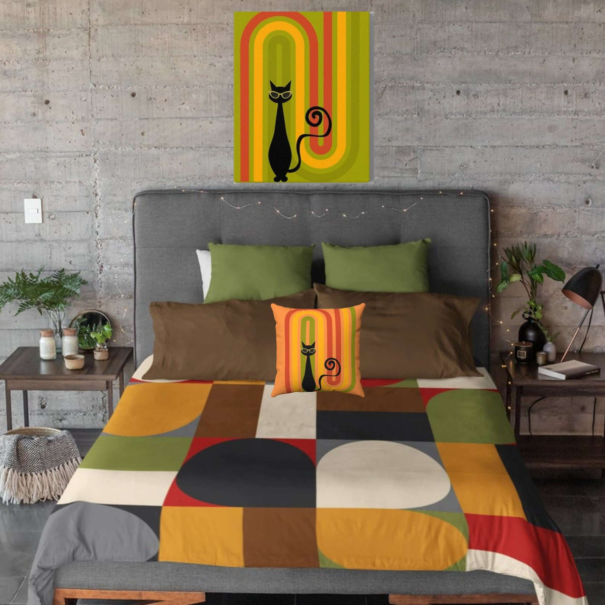 Mid Century Modern Retro Geometric Abstract Red, Gray, Black, Mustard Yellow, Brown,Green Microfiber Duvet Cover